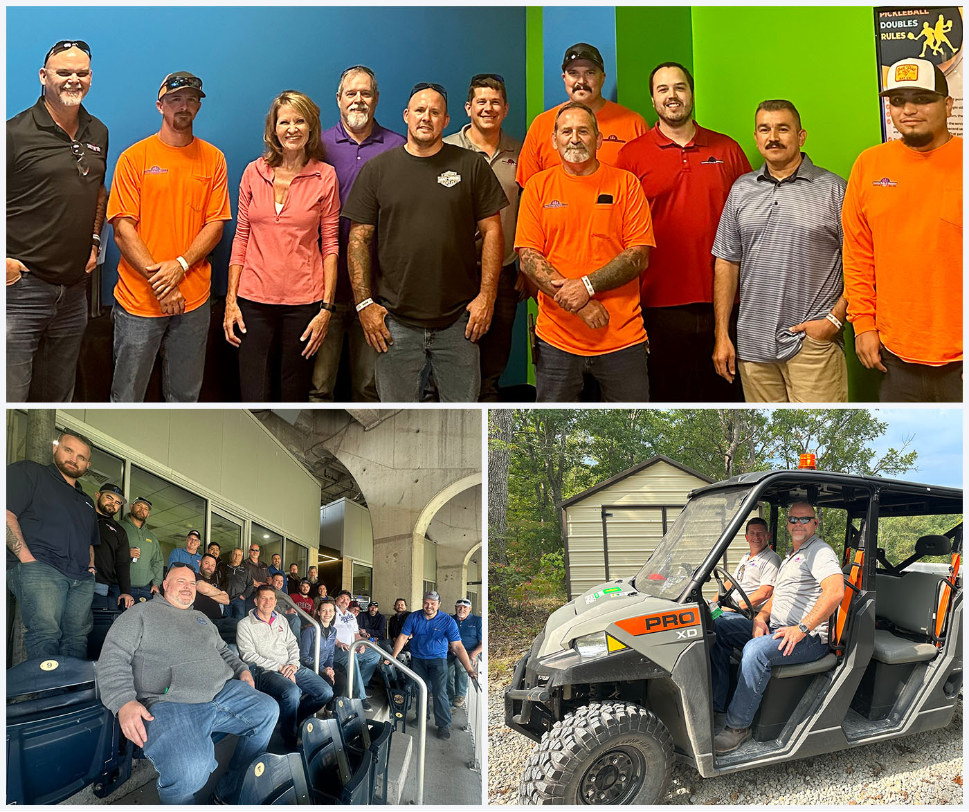collage-spot A collage of three photos: a group of people posing indoors, a group seated in stadium bleachers, and two men sitting in an off-road utility vehicle parked outdoors.